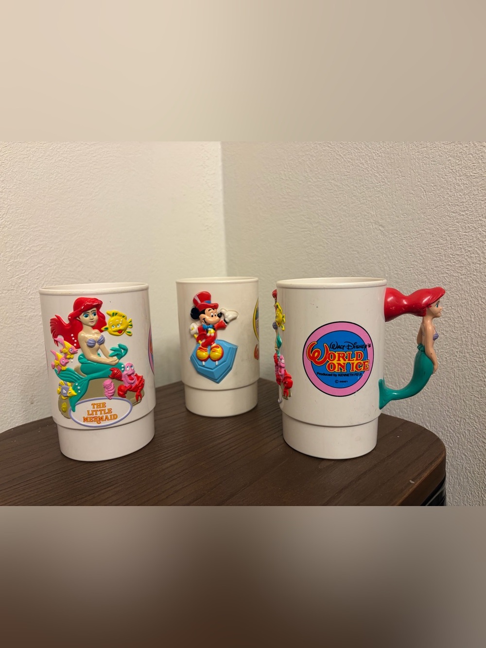Vintage Disney on Ice 3D Plastic Mugs SET OF 3 Mickey Mouse & The Little Mermaid
